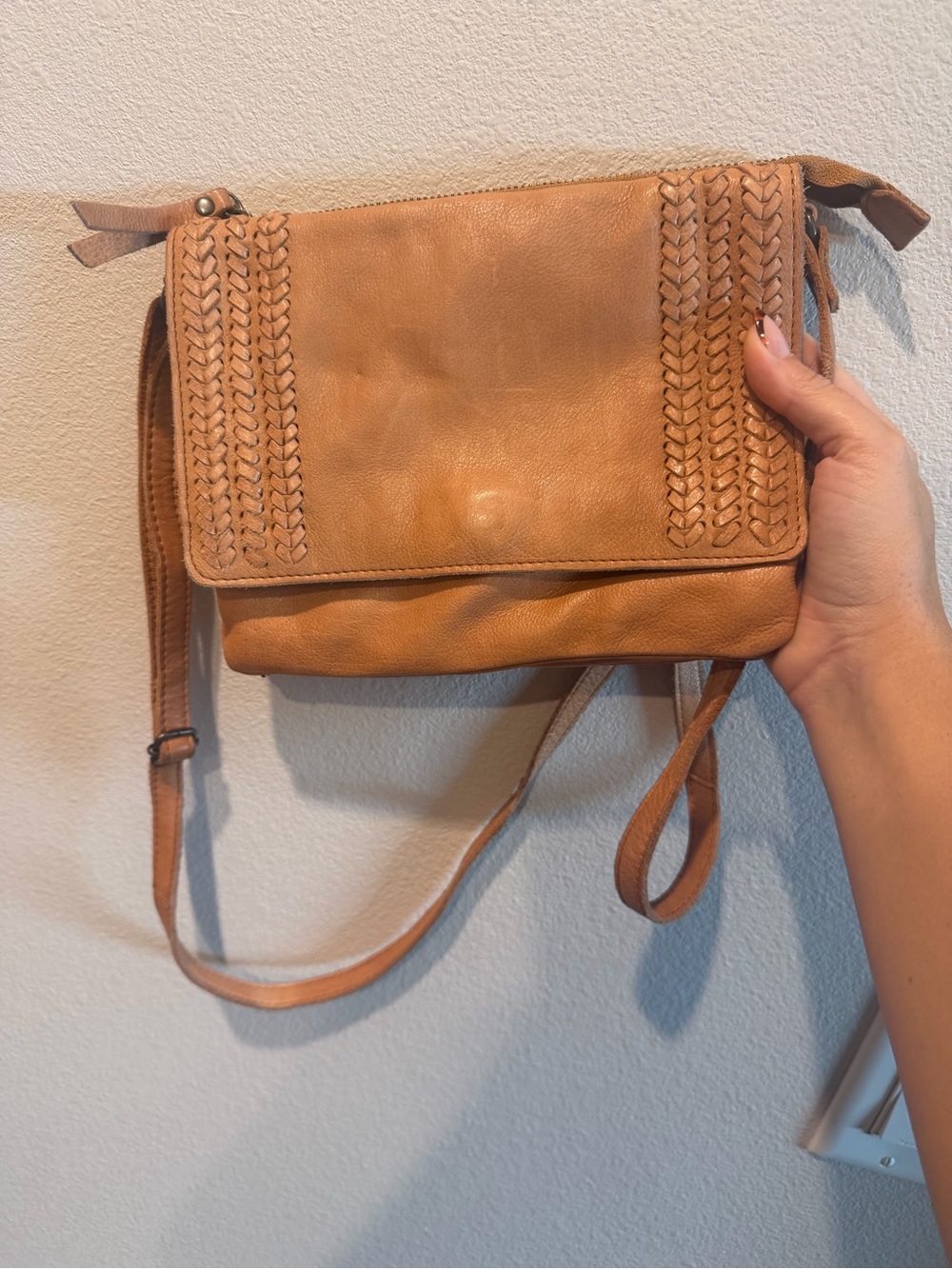 Tan Woven Flap Crossbody leather bag